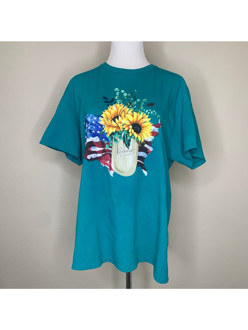 Vintage Teal USA Sunflower Home Graphic Tee T Shirt Sz Large